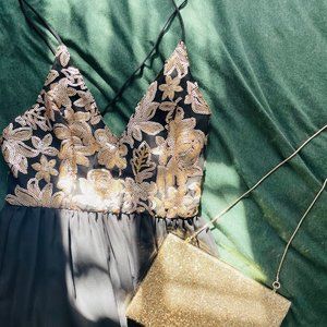 Holiday Black & Gold Sequined Maxi Dress